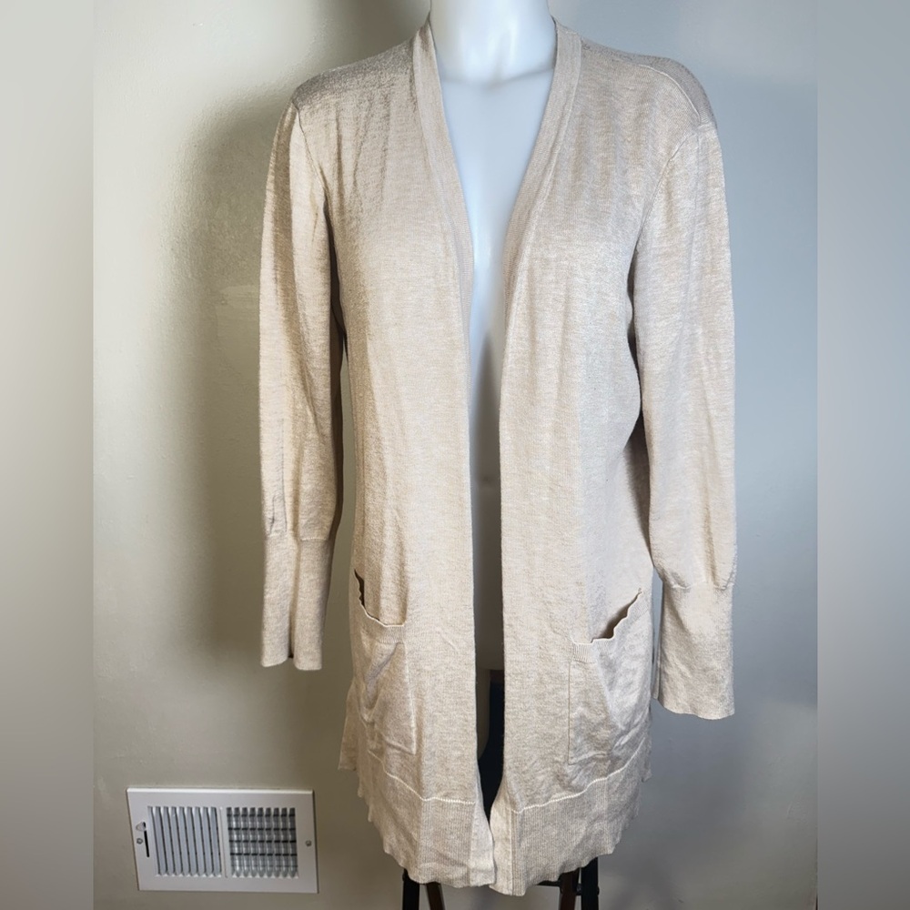 Nine West Long Cardigan Sweater Knit Open Front Beige L Topper Oatmeal Pockets